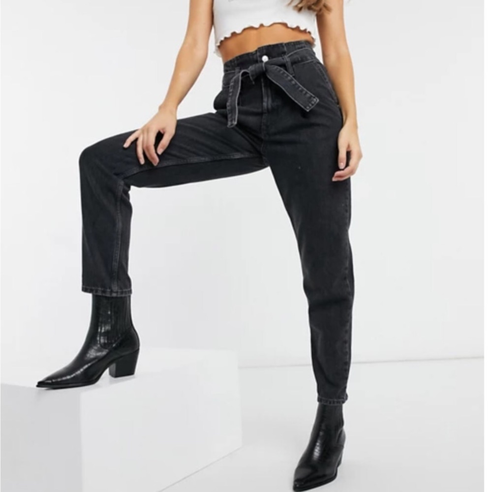 Topshop paperbag waist Mom jeans in washed black faded distressed belted